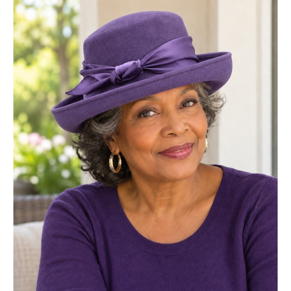 Red Hat Society Purple 100% Wool Cloche Hat with Ribbon Bow